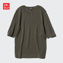 UNIQLO 优衣库 女装精纺美利奴羊毛罗纹圆领针织衫5分袖上衣472272 471596 471596/57深橄榄色 XS /150/76A71.1元