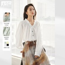 对白 2024秋装捏褶松紧系带V领肌理感撞色纽扣女式长袖衬衫79元（有首单礼金，超V会员价格更低）
