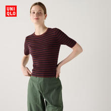 京东PLUS：UNIQLO 优衣库 女装精纺美利奴羊毛罗纹圆领针织衫5分袖上衣472272 471596 472272/19酒红色 XS /150/76A71.1元
