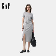 Gap 盖璞 女装2025夏季新款刺绣logo腰部打结开叉短袖中长连衣裙765631 浅灰67.5元