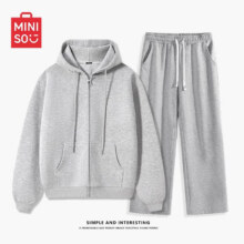 名创优品（MINISO）套装男春秋一整套高质感穿搭衣服青少年纯色休闲开衫连帽卫衣裤子 【休闲套装】麻灰(纯色)+灰裤 3XL (体重180-205斤)139.9元