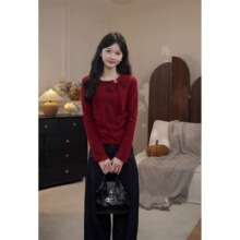 3号10点：鹿向南 坠入秘境法式复古红色显白蝴蝶结长袖t恤女秋季新款显瘦百搭上衣75元（有首单礼金，超V会员价格更低）