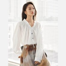 超V：对白 春秋装捏褶松紧系带V领肌理感撞色纽扣女式长袖衬衫68元（1折）