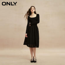 ONLY 时尚复古U领高腰长袖中长款连衣裙女|123107041 E39 黑美人 155/76A/XS