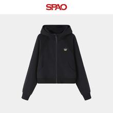SPAO 休闲连帽短款开衫卫衣 黑#SP蓝帽子熊-贴布绣券后89元