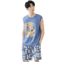 猫人男士睡衣男【100%纯棉】卡通小熊印花精梳棉无袖套头家居服蓝3XL44.5元（需领券）