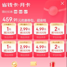 羊毛福利：京东省钱卡 低至0.8元开通享459元券包 内含多张2元全品类券