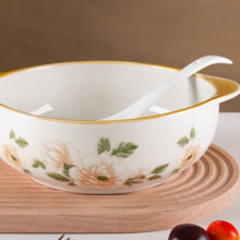 陶瓷双耳碗釉下彩  山茶花 2件套 10.5英寸双耳碗1个装+白汤勺1只 *2件9.99元（需领券，合5元/件）