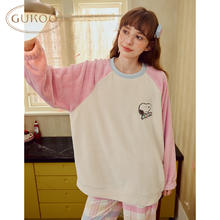 GUKOO 果壳 睡衣女冬季史努比联名毛绒保暖插肩袖格子裤女家居服套装可外穿D 橡皮粉套装 M券后79元