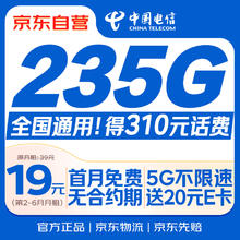 限移动端、京东百亿补贴：中国电信 流量卡19元/月（185G全国流量+100分钟）卡送20e卡0.01元