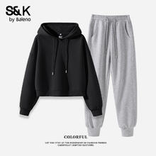 Baleno 班尼路 S&K系列 休闲连帽卫衣收脚裤套装 黑#纯色+灰#纯色