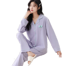猫人【纯棉防螨抑菌】女士睡衣女简约清新情侣开衫家居服可外穿紫L