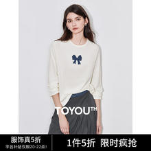 TOYOUTH 初语 牛仔蝴蝶结美式t恤女2024秋季撞色插肩袖减龄休闲上衣 奶白色 M49.5元