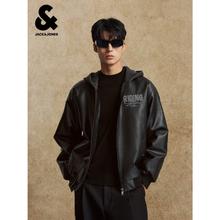 JACK&JONES 杰克琼斯 冬季潮重磅PU连帽棉服夹克 黑色E40