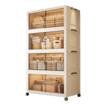 纳份爱升级85CM折叠收纳柜免安装客厅零食玩具储物柜卧室双开门多层衣柜 56面宽-黑茶【仿皮把手】 一层【配直轮】45元 (月销2000+)