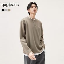 gxgjeans 25秋新品 美式假两件字母刺绣宽松半开襟卫衣 浅咖色