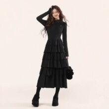 衣品天成 复古小黑裙女25冬季新款高级感蕾丝拼接荷叶边设计蛋糕连衣裙149元