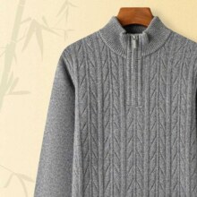春竹 倾销 100%绵羊毛半高领提花拉链男套衫冬款针织加厚男羊毛衫
