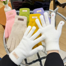 再降价：可爱毛线手套女冬季加绒骑车保暖男2024冬天 白色/粉色 可选