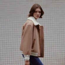 Teenie Weenie 小熊冬季女式外套绵羊毛混纺机车酷感外套保暖翻领短款上衣女装