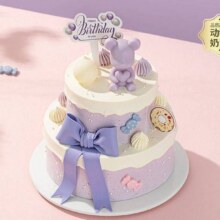 美团 幸福西饼生日蛋糕 6+4英寸【爱心紫小熊】可爱卡通动物奶油双层小蛋糕