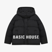 Basic House/百家好连帽撞色羽绒服韩版加厚短款白鸭绒外套冬保暖 黑 S