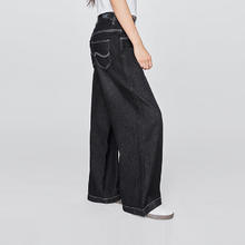Lee 新品舒适五袋款黑灰色女高腰阔腿牛仔裤