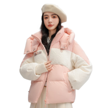 雪中飞 冬季女拼接撞色防风连帽羽绒外套