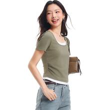 森马 女短款假两件短袖T恤 U领套头衫 109325100015 显瘦百搭上衣