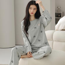 芬腾 睡衣女100%纯棉2025秋柔软亲肤圆领套头家居服休闲外穿套装 灰色 L