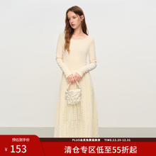 范思蓝恩 法式圆领蕾丝花边长袖针织连衣裙女冬季2025新款内搭4355 杏色 XS