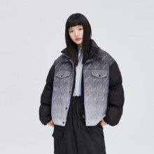 艾莱依 假两件羽绒服女短款 仿牛仔面料印花鸭绒服外套 商场同款 甜酷风