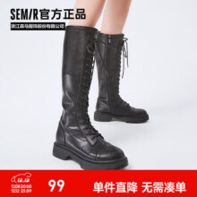 Semir官方正品时装靴女靴春秋季新款潮流休闲高帮系带机车靴长筒靴女 黑色 35