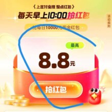 支付宝搜：整点红包10点 抢10000亓鸿包，拼手气 随机 最高可8.8