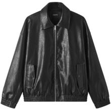 gxgjeans 25秋新品 美式PU皮简约休闲宽松翻领夹克 黑色
