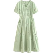 初语 V领收腰A字裙子女 草绿色 M