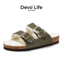 Devo/ 沃女休闲外穿加毛内里保暖加绒冬季一字软木拖鞋