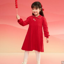 超V：巴拉巴拉 纯棉新中式女童针织连衣裙 春款国风百褶裙 新年公主裙