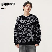 gxgjeans 清仓！美式趣味图案宽松休闲毛衣 黑色