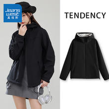 真维斯 Jeanswest 女装软壳三防加绒保暖夹克 GX 黑#纯色 XL