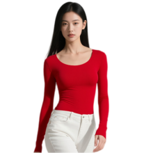 古今 双面磨毛秋冬女士裸感亲肤保暖上衣纯色圆领无痕修身打底衣