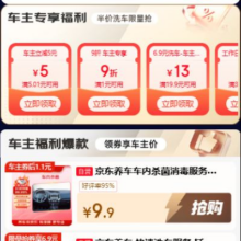 京东 车主专享福利券 领5-5/19-13/1件9折等立减券 券后洗车6.9元