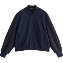 初语 棒球服女2025冬季澳粒绒麦穗绒拼接设计感复古上衣外套 藏青色 M
