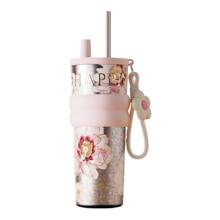 Big car 钛杯纯钛保温杯女士吸管杯 花季蔷薇710ml