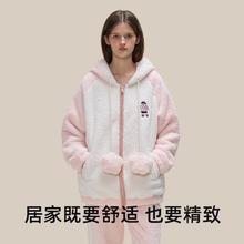 TEENIE WEENIE 小熊刺绣睡衣 女款秋冬季加厚连帽保暖家居服套装 慕斯粉 M