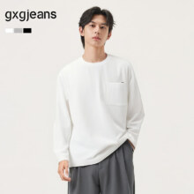 gxgjeans 男装 100%纯棉加厚磨毛口袋宽松圆领长袖T恤 白色 L (175)