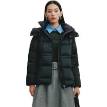 艾莱依 羽绒服女士别致拼接收腰后背斗篷设计连帽防风立领鹅绒服 炭黑