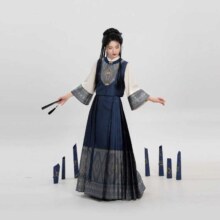 织造司 花青 国风上衣 侗族对鸟纹喇叭袖立领宽松款