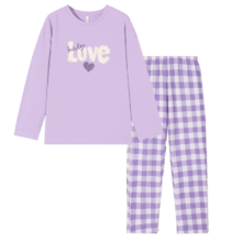 猫人 棋盘格睡衣女秋季长袖纯棉家居服套装 红色