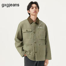 gxgjeans 卡其色灯芯绒拼接牛仔夹克外套